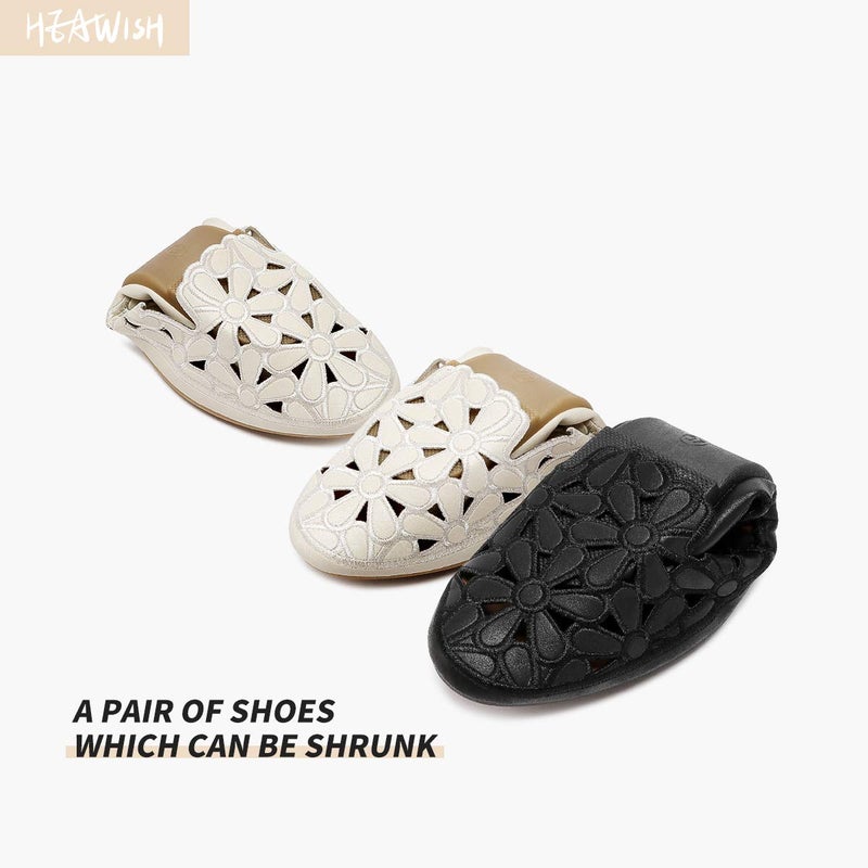 HEAWISH Women's Floral Ballet Flats for Women Black Beige Slip On Flowers PU Leather Round Toe Dress Shoes(Black,US6) - Image 4